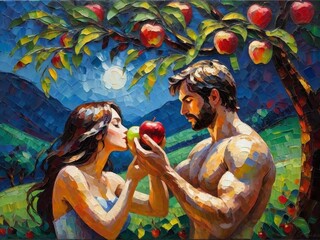 Adam and Eve in the paradise of Eden, Ai - obrazy, fototapety, plakaty