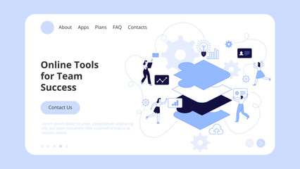 Vector illustration of internet communication Team metaphor People connecting puzzle elements social networks. Concept Landing Page Template, Website Banner, Advertisement and Marketing Material