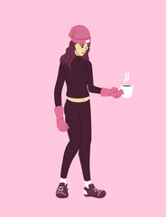Young woman in winter outfit character holding on coffee cup.