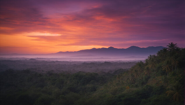 Twilight setting over the jungle, painting the sky in hues of orange and purple - AI Generative