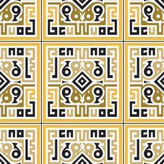 Greek key meanders checkered grid seamless pattern. Modern geometric vector background with trendy ornaments, ancient greece symbols, signs. Repeat tribal ethnic backdrop. Isolated design on white
