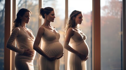 Pregnancy class group, Pregnant Women in a row caressing their belly,   - obrazy, fototapety, plakaty