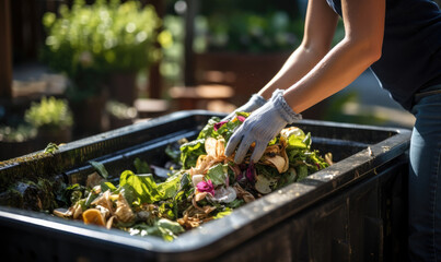 Housewife tosses biowaste in the trash.Uneaten spoiled vegetables are thrown in the trash. Food Loss and Food Waste. Reducing Wasted Food At Home - obrazy, fototapety, plakaty