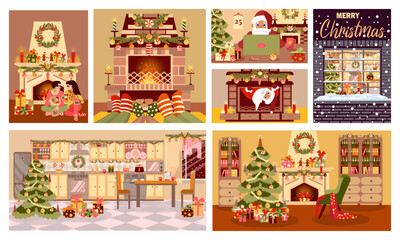 Set of 7 xmas illustrations for holiday banners and postcards in a flat cartoon style, 7 cozy celebration interiors of the living room kitchen and study with Santa Claus, Christmas tree, and people.