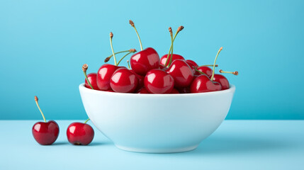 Cherries in Bowl on Blue Background