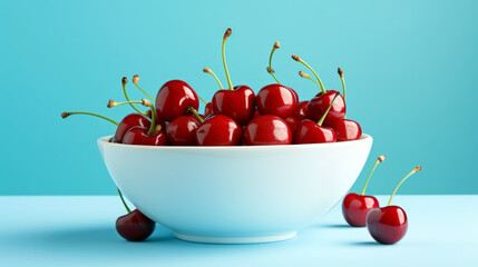 Cherries in Bowl on Blue Background