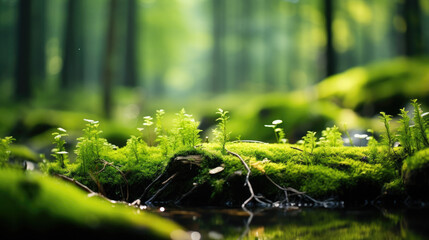 Integrity of the forest, national park. Beautiful green moss on the floor, moss close-up, macro. Beautiful background of moss with sunlight - obrazy, fototapety, plakaty
