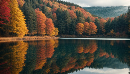 Obraz premium Vibrant and colorful autumn forest reflecting in a calm, mirrored lake - AI Generative