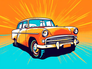 A vintage car in pop art illustration style. White background.