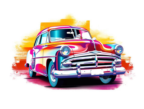 A Vintage Car In Pop Art Illustration Style. White Background.