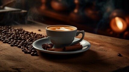 Close-up of a cup of fresh macchiato coffee with cinnamon sticks and smokey coffee beans as decoration on a brown wooden table.