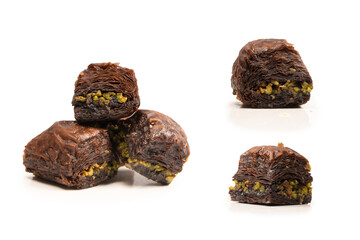 Turkish chocolate baklava isolated on white background.