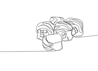 Sushi set, uramaki with salmon, Philadelphia roll one line art. Continuous line drawing of sushi, japanese, food, roll, culture, tasty, restaurant, japan, asian, sea, menu