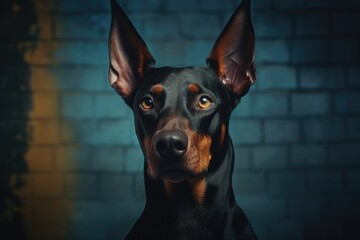 A black and brown dog stands in front of a brick wall. Perfect for pet lovers and animal-themed designs.