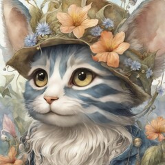 portrait of a cute tiger in a hat with flowers in the garden portrait of a cute tiger in a hat with flowers in the garden cartoon cat with a flower and a wreath of leaves. high quality illustration