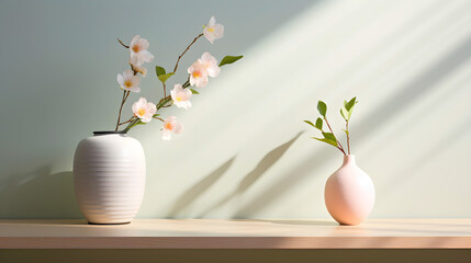 Japanese cherry branches in decorative vases on light green background with sun rays. Spring mock up