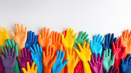 colorful hands raised up, diverse color hands on white background, copy space background - obrazy, fototapety, plakaty