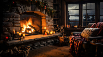 fireplace with Christmas decorations in room generated by AI tool, a cozy fireplace with burning wood logs, A cozy living room with a fireplace and chairs, the fireplace is lit by candles and the ch

