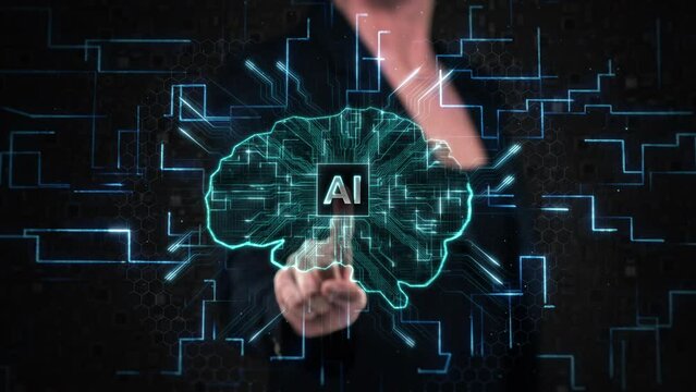 Female Hand Using Virtual Reality Touchscreen with Holographic Brain over a Circuit Board. Animation of Artificial Intelligence IA Chip over a Human Brain. Future Technology Concept. Deep Learning