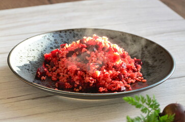 preparation of bulgur meal with beetroot, healthy diet food background