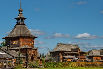 Moscow oblast. Russia. September 27, 2023. The unique architecture of the Orthodox wooden complex at the holy spring Gremyachy Klyuch.