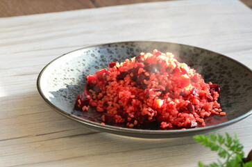 preparation of bulgur meal with beetroot, healthy diet food background