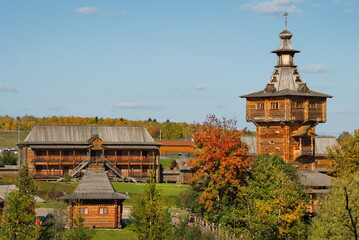 Fototapeta na wymiar Moscow oblast. Russia. September 27, 2023. The unique architecture of the Orthodox wooden complex at the holy spring Gremyachy Klyuch.
