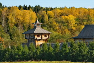 Moscow oblast. Russia. September 27, 2023. The unique architecture of the Orthodox wooden complex...