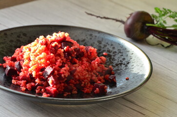 preparation of bulgur meal with beetroot, healthy diet food background