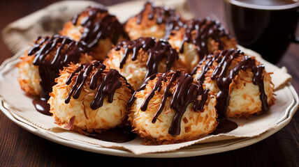 Delightful Chocolate-Dipped Coconut Macaroons. - obrazy, fototapety, plakaty
