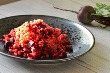 preparation of bulgur meal with beetroot, healthy diet food background