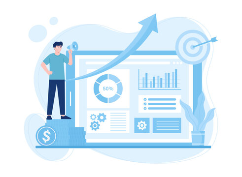 Men do the work and analyze the data themselves concept flat illustration