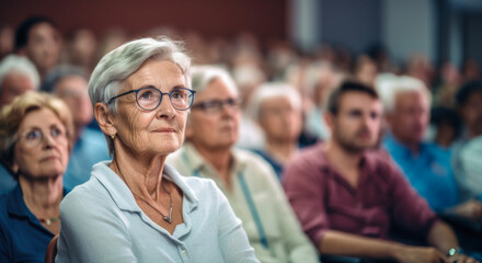 Elderly woman, dressed in casual clothes and wearing glasses, attending a lecture or seminar at a university or at an indoor meeting.. - obrazy, fototapety, plakaty