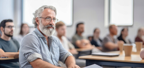 A bearded older man in casual clothes and glasses at a university lecture or seminar.,