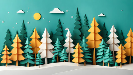 Winter fir tree forest covered with snow in paper cut style as christmas and new year background.