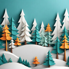 Obraz premium Winter fir tree forest covered with snow in paper cut style as christmas and new year background.