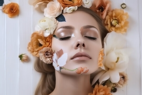 A woman lies in a floral arrangement. AI Generated