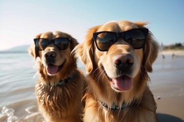 Dogs wearing sunglasses are taking selfies on a beach in the background, Golden Retriever