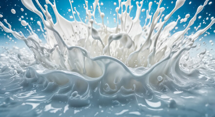 White milk or cream splashes and drops in the air background - obrazy, fototapety, plakaty