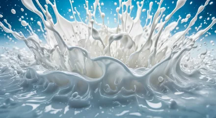 Fotobehang White milk or cream splashes and drops in the air background © Limanou Mikael