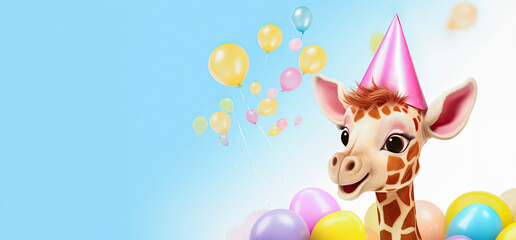 A happy baby giraffe with party cone hat on blue background with pastel balloons,, free copy space, birthday concept