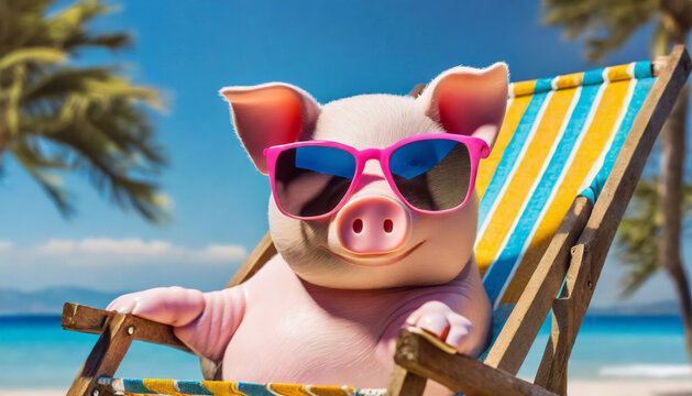 Happy piggy can afford a holiday at the seaside