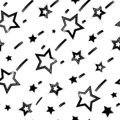 Grunge Falling Stars seamless pattern with hand drawn stars. Ornament for printing on fabric, cover and packaging. Simple black and white vector ornament isolated on white background