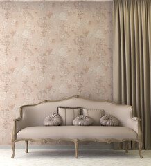 Comfortable sofa in modern interior and wall paper. 3d render