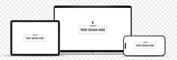 Laptop Computer, Mobile Phone and Tablet PC Vector Mockup Illustration. Digital devices with horizontal screens isolated on transparent background. - obrazy, fototapety, plakaty