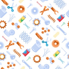 Unwanted metal rusty objects separation seamless pattern with gear, sheet, scissors, cut, pipes, wrench, nail, razor. Ornate for printing on fabric, wrapping and packaging. Vector isolated on white