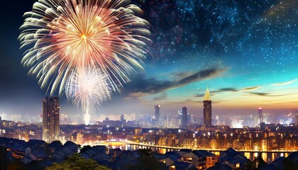 A city skyline with fireworks lighting up the night, sylvester background, new years celebration picture, banner, templates, concept - obrazy, fototapety, plakaty
