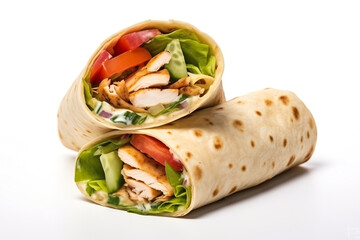 Shawarma or Doner with chicken roll on isolated white background. Turkish Fast Food.