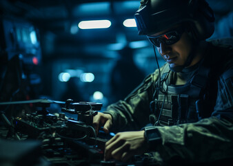 Aerospace engineers of army working on prototype of unmanned aerial drone. Concept new secret model industrial or military aircraft.