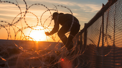 Illegal border crossing by migrant over fence between Mexico and United States, sunset light - obrazy, fototapety, plakaty